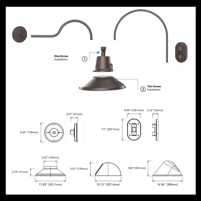 RENO Veil standard straight shade, gooseneck components and optional shade dimensions