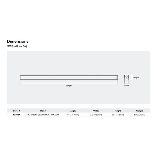 RENO SABRE R33027 manufacturer dimensional drawing, 1219 mm length x 53 mm width x 63.5 mm height