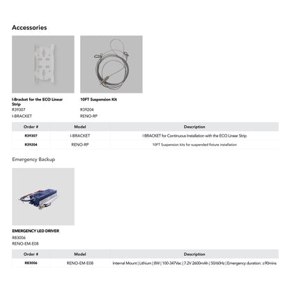 RENO SABRE R33027 official accessory chart: R39307 joining bracket, R39204 suspension kit and R83006 emergency driver