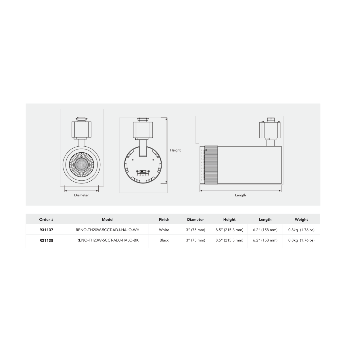 RENO STORY R31137 and R31138 20W H-type zoomable head manufacturer dimensions, 75mm diameter, 158mm length, 215.3mm height