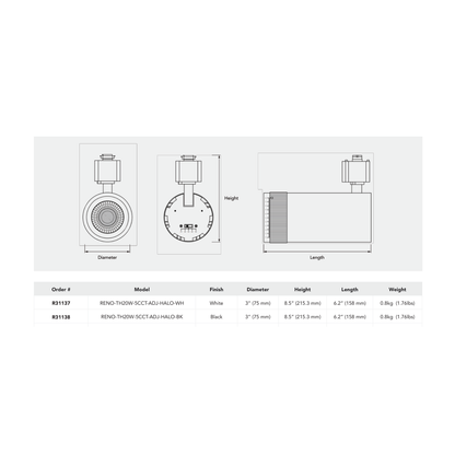 RENO STORY R31137 and R31138 20W H-type zoomable head manufacturer dimensions, 75mm diameter, 158mm length, 215.3mm height