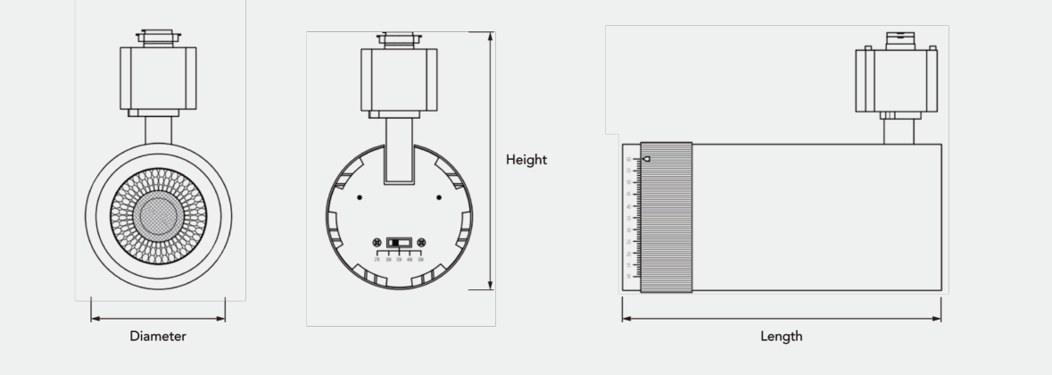 RENO STORY 30W zoomable H-type track head dimension diagram; 190 mm cylinder length, 90 mm diameter, 244 mm installed height