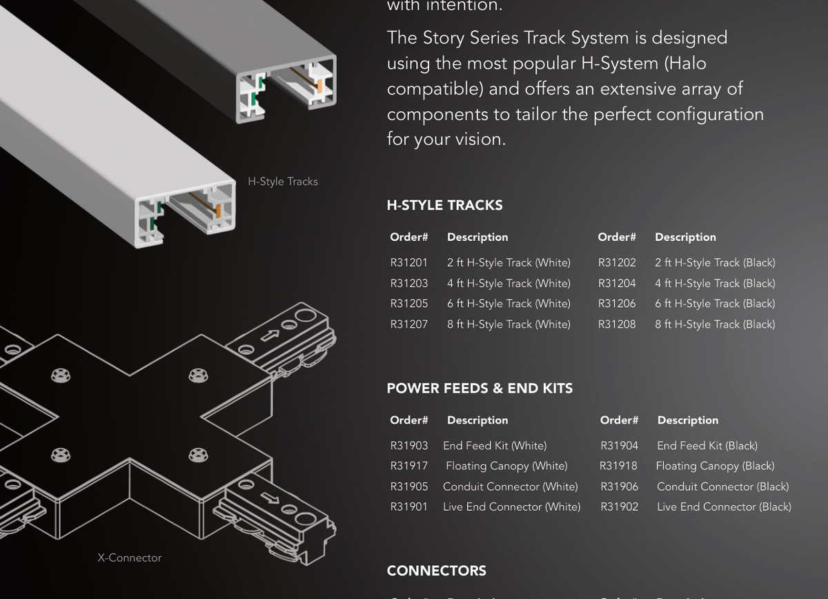 RENO STORY 120V H-type rail and connector family used with the 30W zoomable track head; additional rail and components sold separately