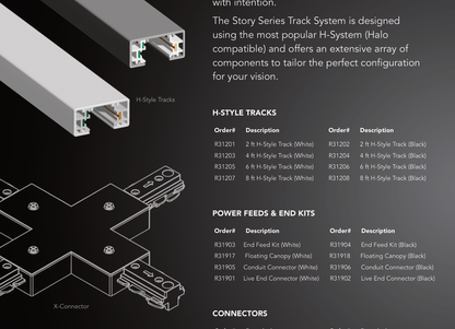 RENO STORY 120V H-type rail and connector family used with the 30W zoomable track head; additional rail and components sold separately