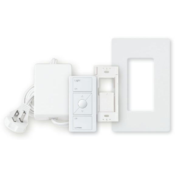 Product Display Visual of the SKU: RR-1ZONE-L-WH for Marketing of theLutron RadioRA 2 Starter Kit: (1) Plug-In Lamp Dimmer, Pico Remote, and Wall Plate | RR-1ZONE-L