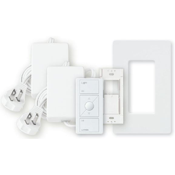 Product Display Visual of the SKU: RR-2ZONE-L-WH for Marketing of theLutron RadioRA 2 Starter Kit: (2) Plug-In Lamp Dimmers, Pico Remote, and Wall Plate | RR-2ZONE-L