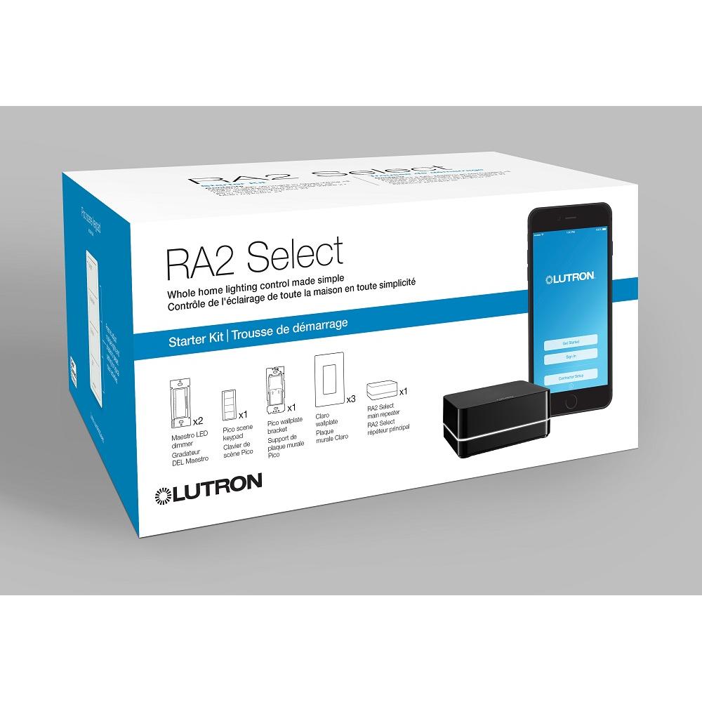 Product Display Visual of the SKU: RR-SEL-KIT-PRO for Marketing of theLutron RA2 Select PRO Starter Kit: (2) PRO Dimmers, 4-Button Pico, and Repeater | RR-SEL-KIT-PRO