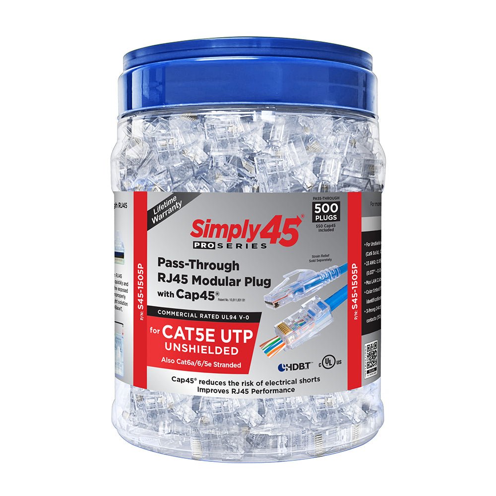 S45 - 1505P | PROSeries Pass Through Blue Tint - Cat5e UTP with Cap45™ - 500pc Jar - Simply Controlled