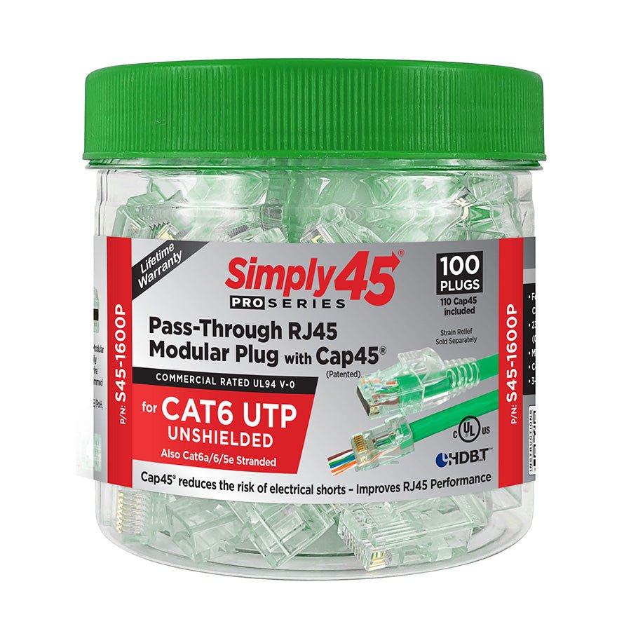 S45 - 1600P | ProSeries® Cat6 Unshielded Pass - Through RJ45 Modular Plugs 100pc/jar - Simply Controlled
