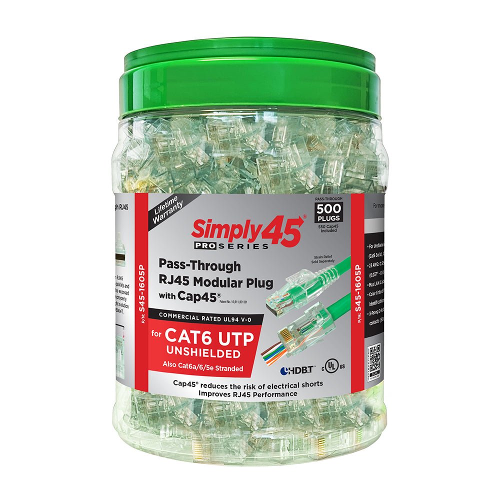 S45 - 1605P | PROSeries Pass Through Green Tint - Cat6 UTP with Cap45™ - 500pc Jar - Simply Controlled
