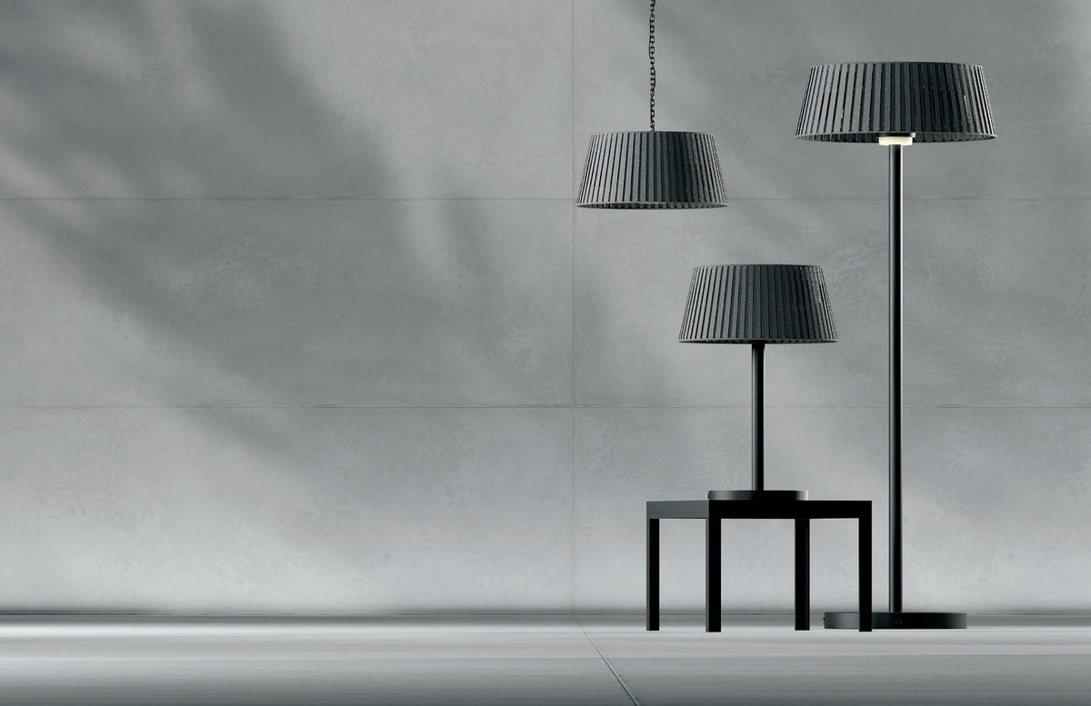 Manufacturer range photograph comparing Vellura pendant, tabletop and freestanding heaters