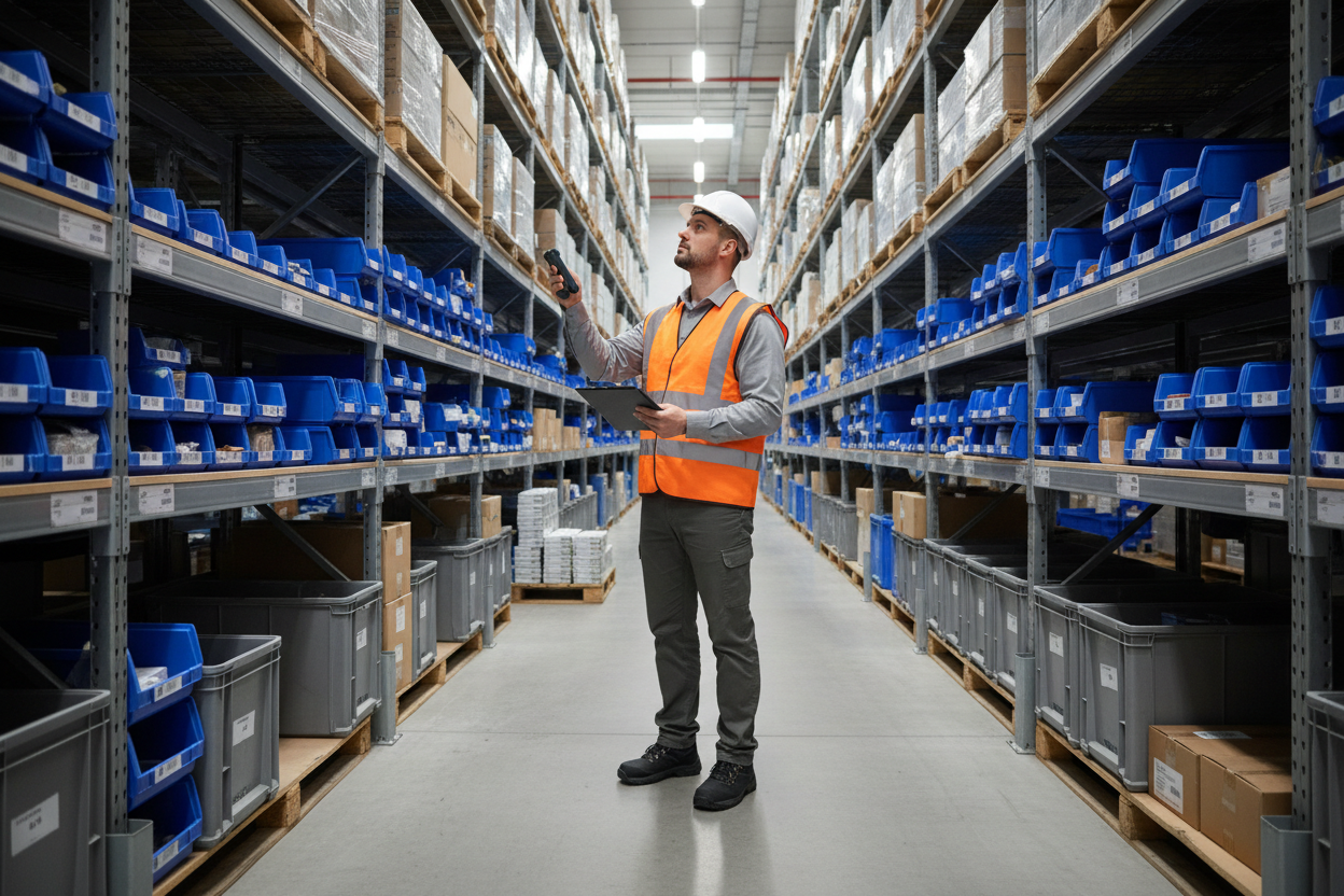 Warehouse worker looking for item