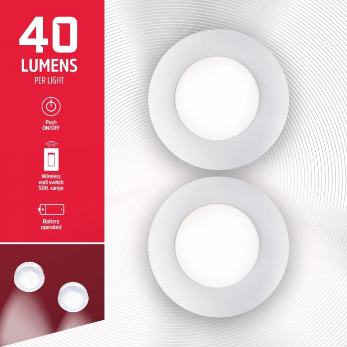 Energizer Battery Operated LED Puck Light With Wall Switch Remote, 2 Pack, White | 58822-T1