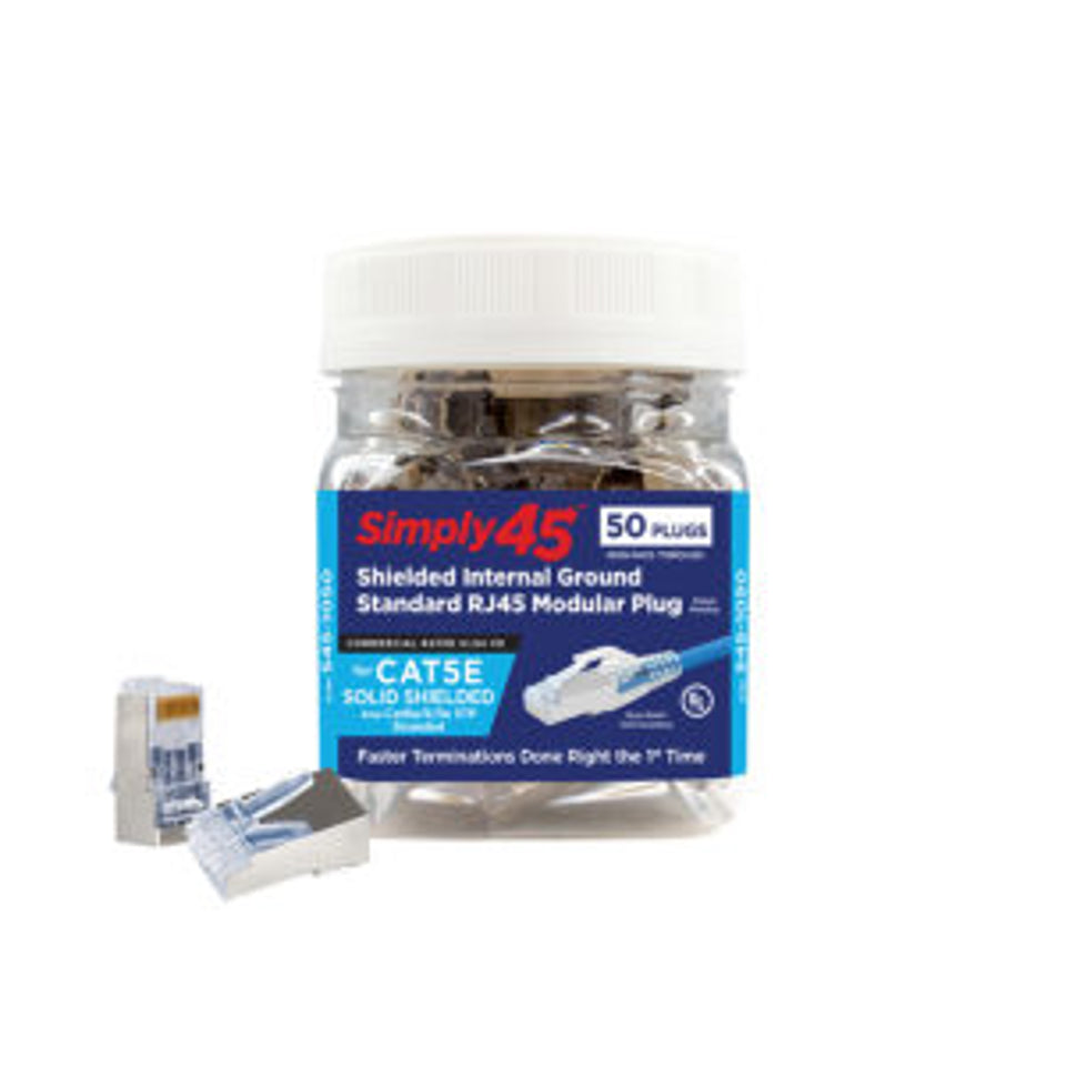 Standard Shielded (Internal ground) Cat5e STP RJ45 Modular Plugs, Blue Tint - 50pcs/Jar