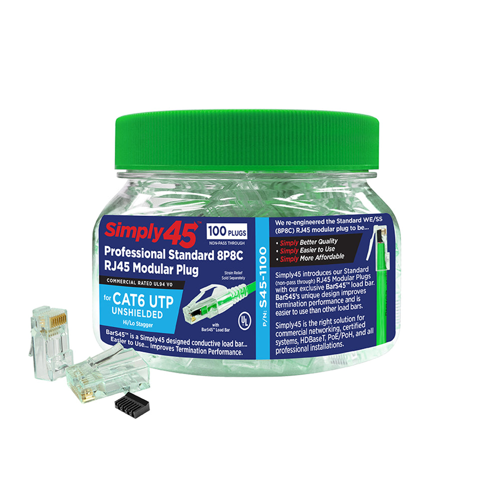 Standard Cat6/6a UTP RJ45 Modular Plugs with Bar45™ Hi/Lo Stagger, Green Tint - 100pcs/Jar
