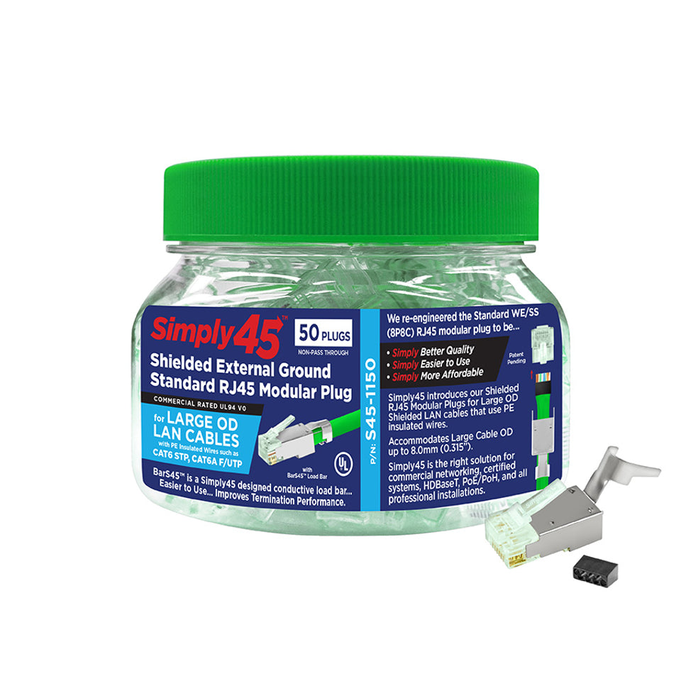 Standard Shielded (External Ground) Cat6 STP RJ45 Modular Plugs with Bar45™ Green Tint, Hi/Lo Stagger - 50pcs/Jar