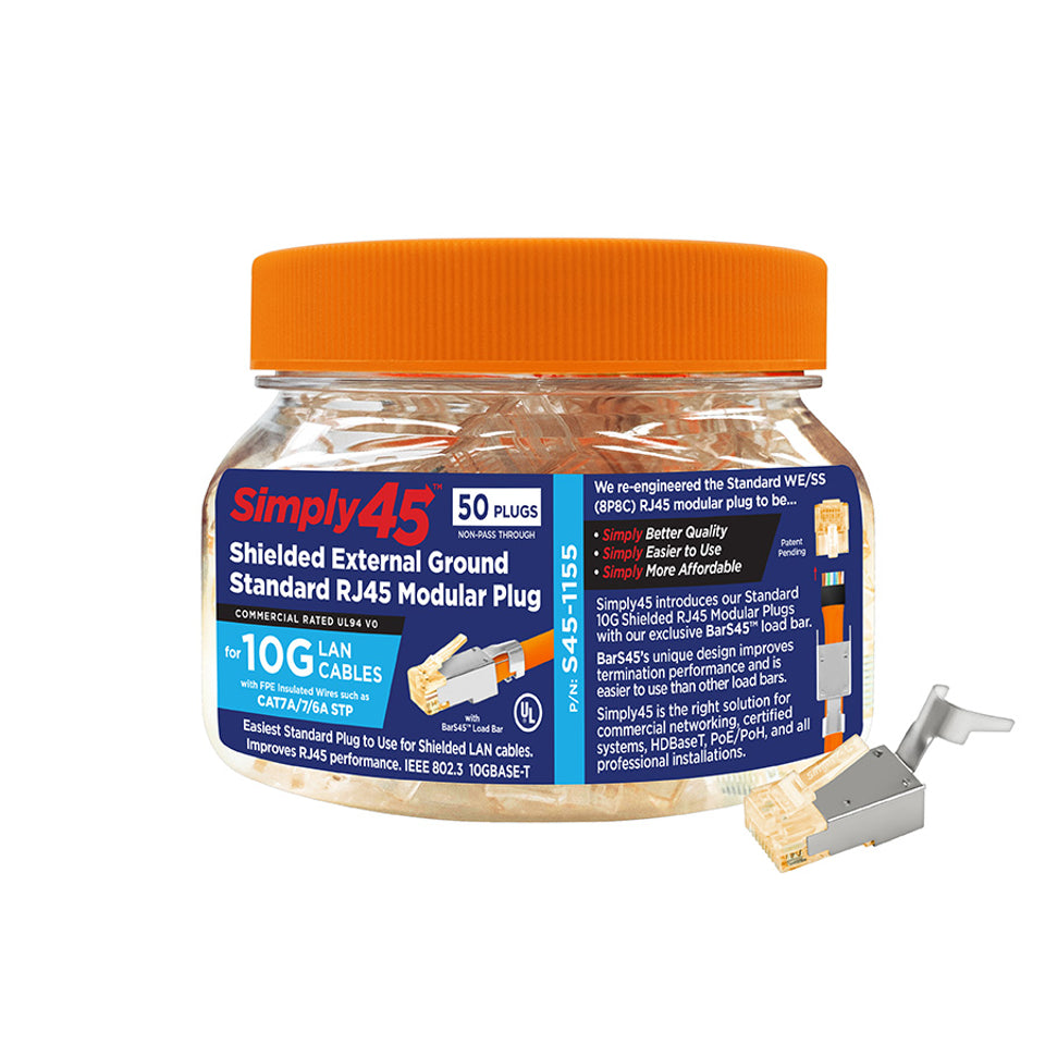 Standard Cat7a/7/6a Shielded External Ground RJ45 Modular Plugs with Bar45™ Orange Tint, Hi/Lo Stagger - 50pcs/Jar