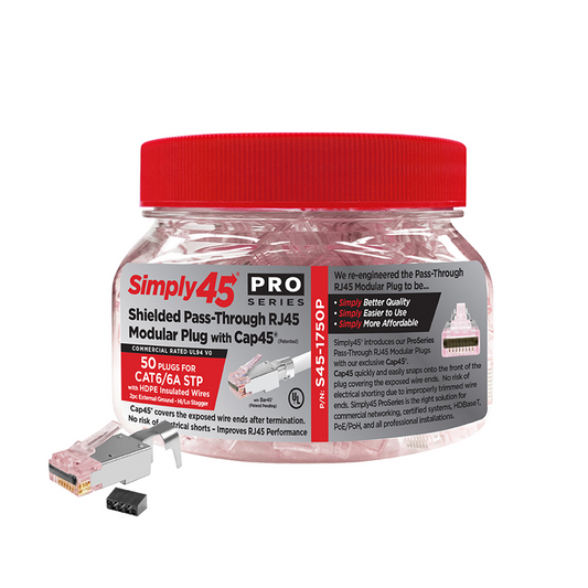 ProSeries Pass Through Shielded Red Tint, Hi/Lo Stagger - Cat6/6a STP with Cap45™ & Bar45- 50pc Jar | S45-1750P
